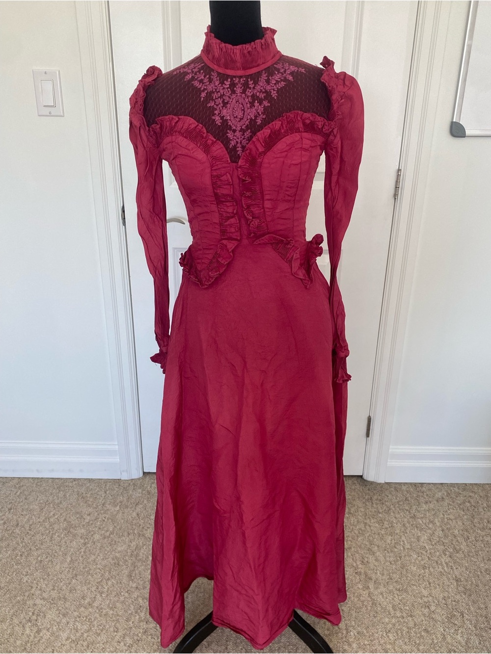 1970s Vintage Victorian-Inspired Burgundy Lace Bodice Maxi Dress Size XS